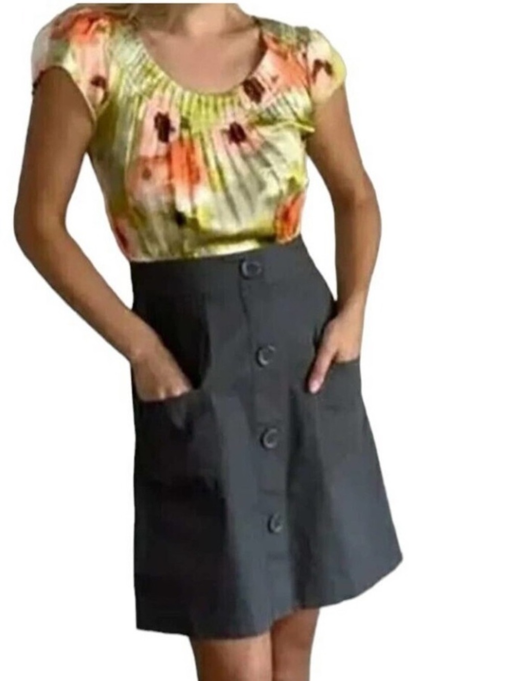 Tabitha Silky Floral Print Green & Orange Bodice with Charcoal Skirt Dress 12